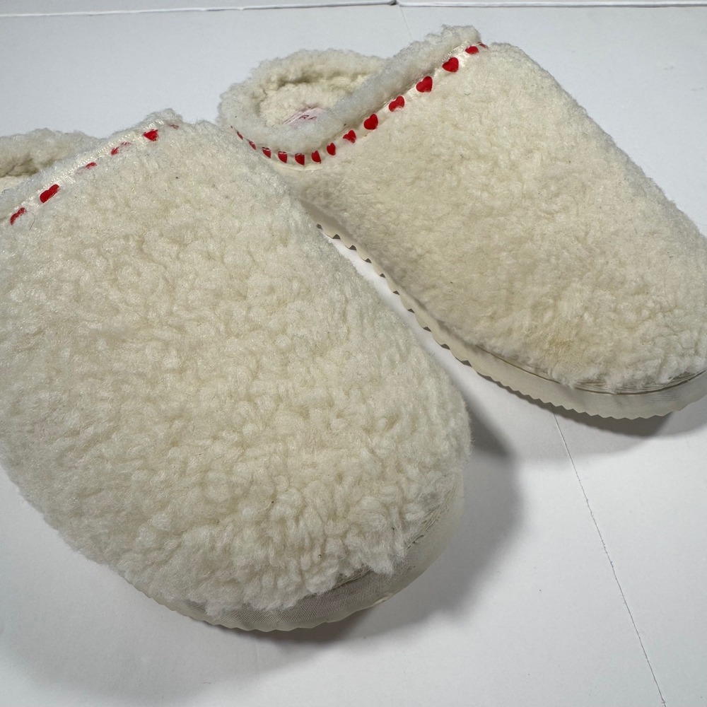 Rampage Womens Faux Fur Slippers Cream Sherpa Heart Trim Mules Size M 7-8